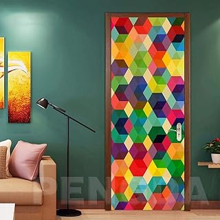 ZOOINB Adesivi Per Porte Interne 3D Quadrato Geometrico Di Colore Adesivo Per Porte In Pvc Autoadesivi Murali Impermeabili Camera Da Letto Complementi Arredo Casa Frigorifero Poster Carta Da Parati 86