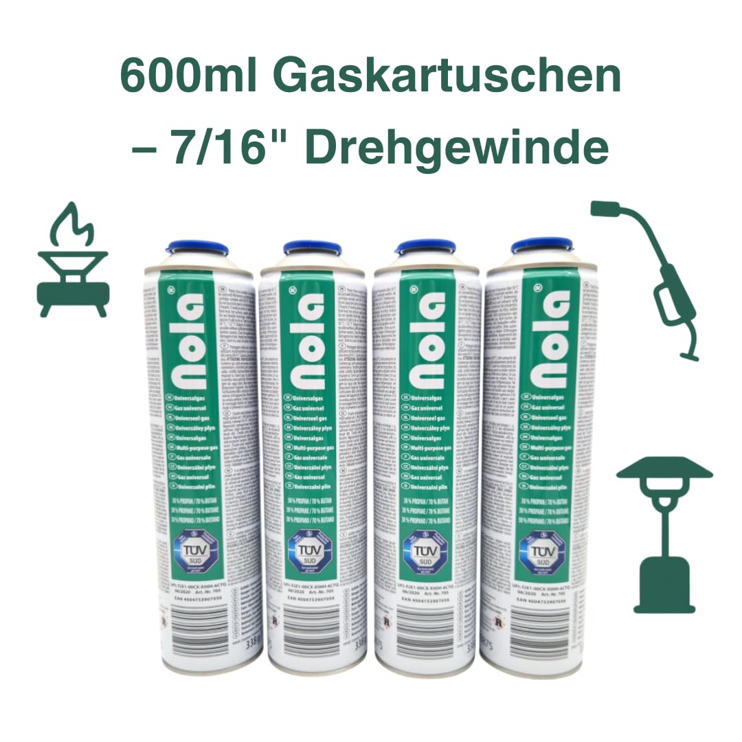 NOLA 12x 600ml (338g) Universalgas Gaskartuschen – 70% Butan / 30% Propan – Schraubventil EN417 – Campinggas für Unkrautbrenner, Lötbrenner, Gaskocher, Gasgrill & Outdoor-Einsatz – Made in Europe