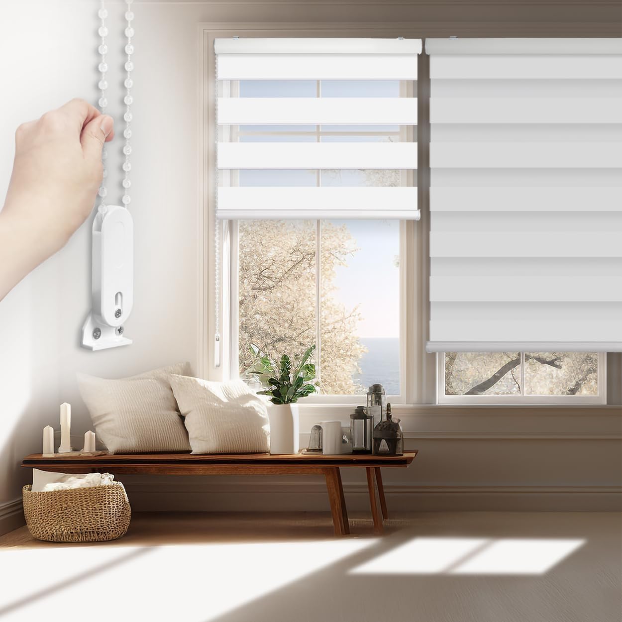 FOIRESOFT Custom Blackout Zebra Roller Blinds [Bonita, Pure White, W 10-109 x H 10-105 inch] Dual Layer Privacy Shade, Room Darkening, Select 1x1 for Custom