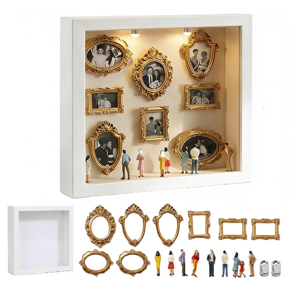 DIY Mini Museum Silhouette Box, DIY Mini Museum Bilderrahmen mit Licht, Minibilderrahmen Set Vintage mit 8 MiniGoldene Rahmen & 8 Zufällig Figuren,Fotospeicher Bilderrahmens für Jahrestag(Weiß)