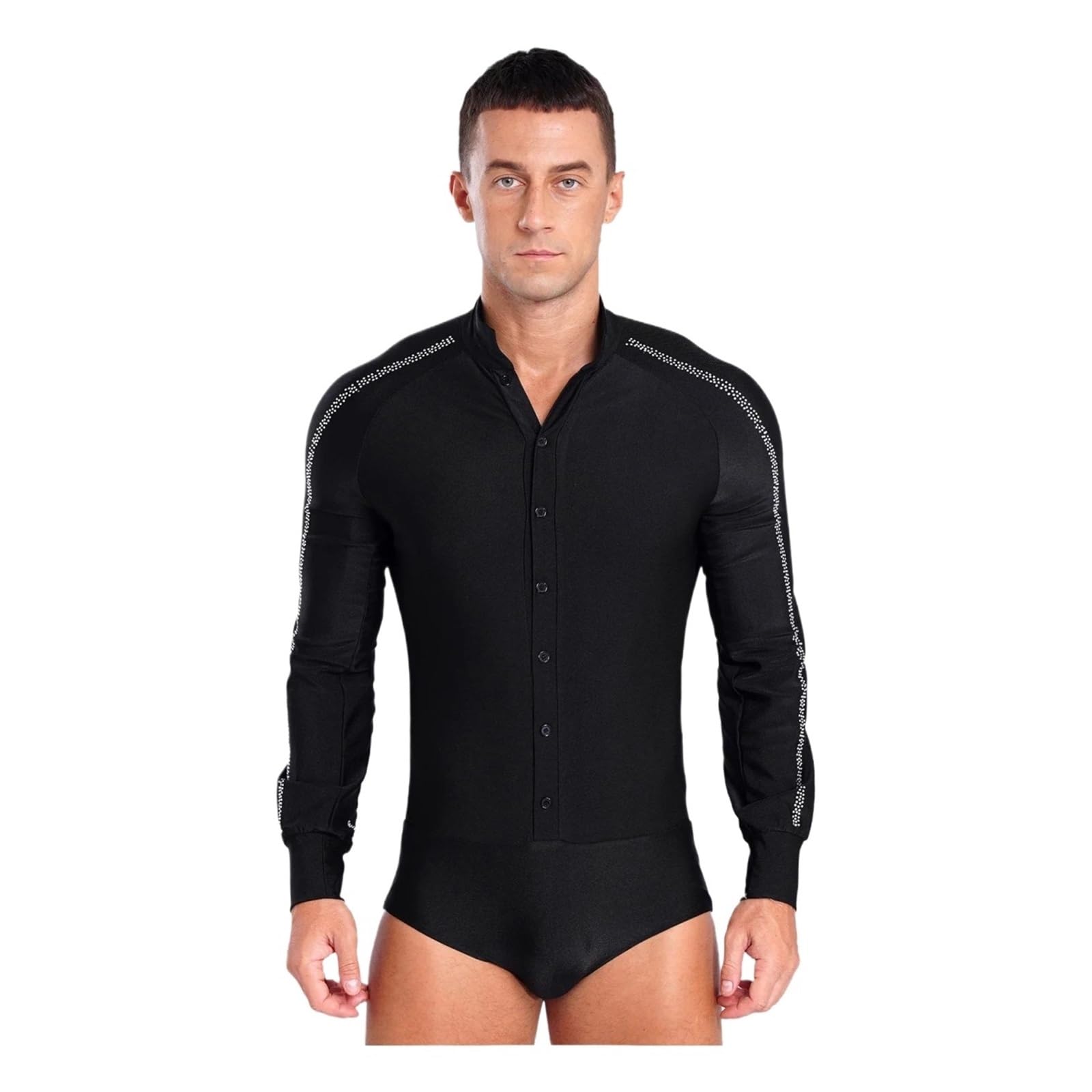 Maillot de Danza para Hombres Traje de competición de Ballet Latino for Hombre, Manga raglán, Cuello Alto, Botones y Brillantes Diamantes de imitación(Black,L)