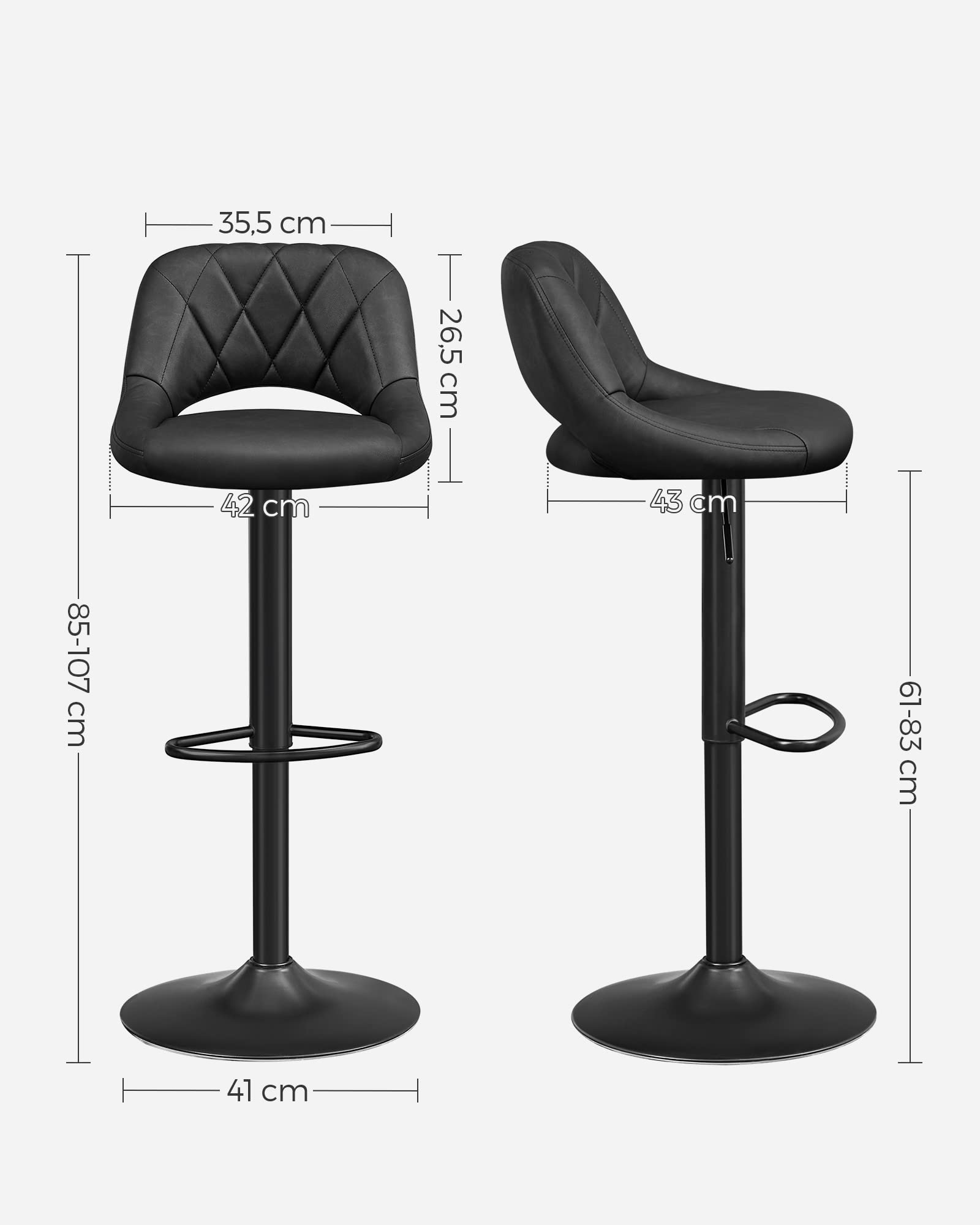 SONGMICS Taburete de Bar, Juego de 2, Sillas de Cocina con Marco de Metal Estable y Cubierta de Cuero Sintético, Reposapiés, Altura de Asiento Ajustable, Fácil Montaje, Vintage, Antracita LJB072B01
