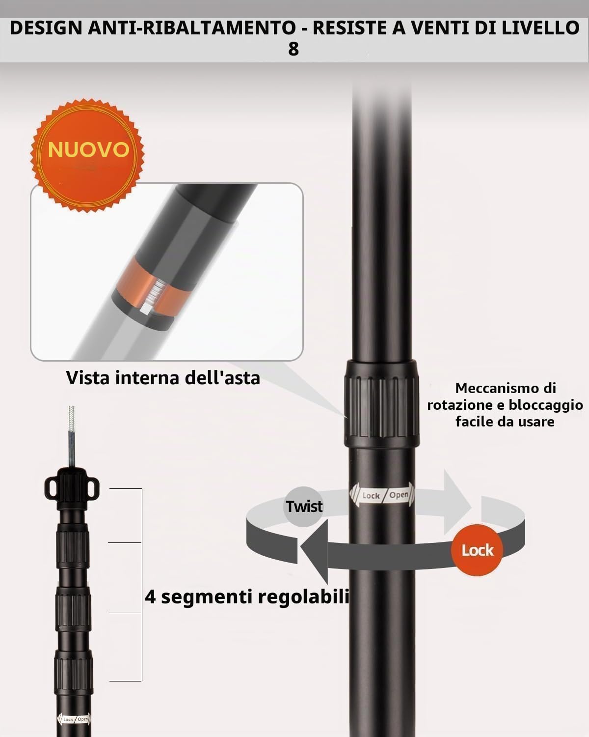 Set di 4 pali telescopici in alluminio aeronautico con cappuccio di protezione, resistenti al vento, pieghevoli, set di 4 per teloni, tettoie, tende da sole, escursioni