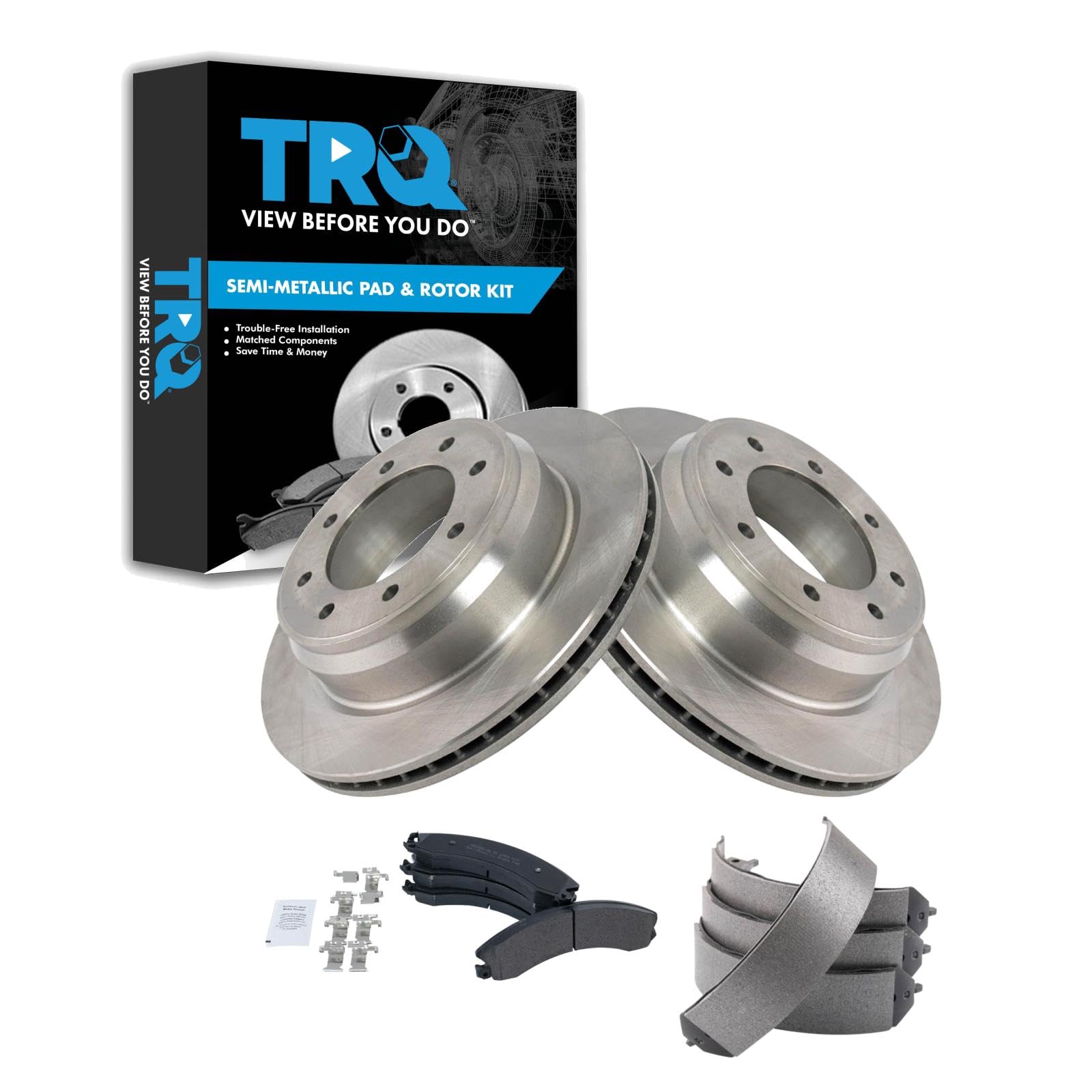 TRQ Rear Brake Pad &amp; Rotor Kit Parking Brake Shoe Set Semi-Metallic Compatible with 2012-2019 Nissan NV1500 NV2500 NV3500
