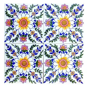 Shiv Kripa Blue Pottery Home Decor Tile Ceramic High Lighter Wall Bathroom Tiles 4 x 4 Inch Set of 4 Tiles (White & Multicolor)
