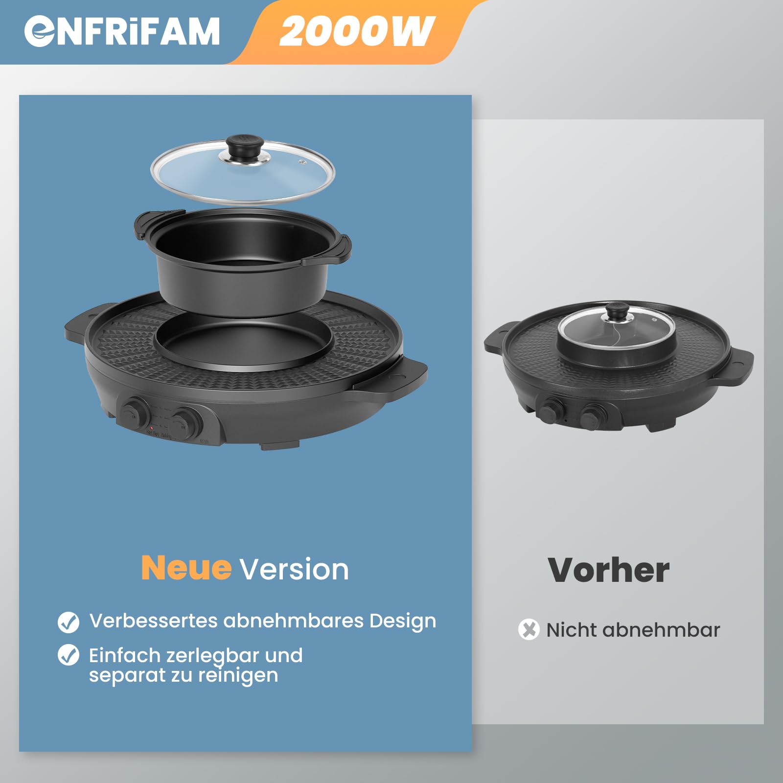 Elektryczny garnek 2 w 1, 2000 W, elektryczny garnek i grill, grill elektryczny 2 w 1, równomierne ogrzewanie z niezależnym (39 cm – zdejmowane garnki do zupy)