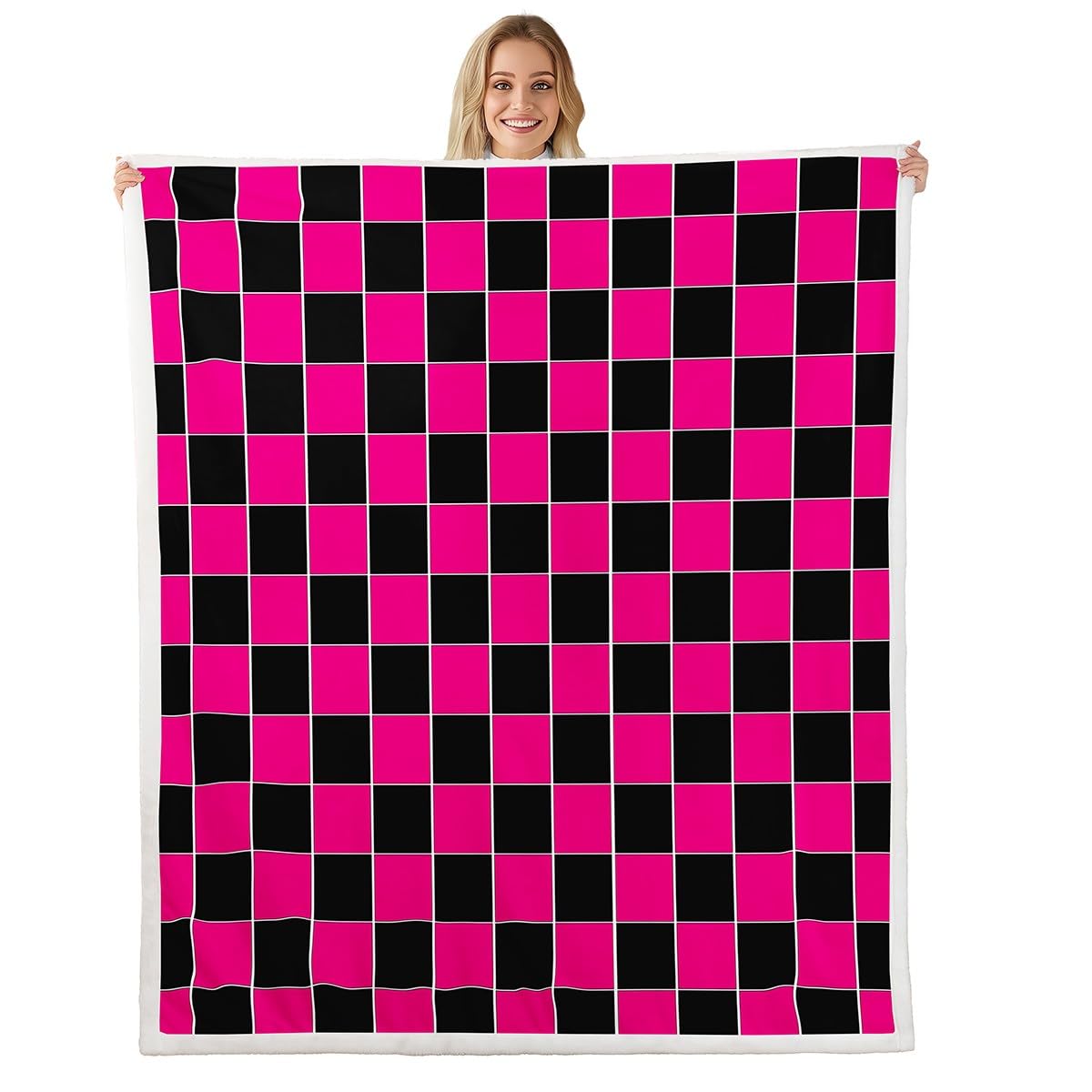 Erosebridal Initial Letter F Sherpa Blanket Pink and White Checkered Fuzzy Plush Throw Cute Monogram Plaid Fleece Blanket for Kids Girls Women,Kawaii Gingham Grids Decor for Bed Couch Twin 60"x80"