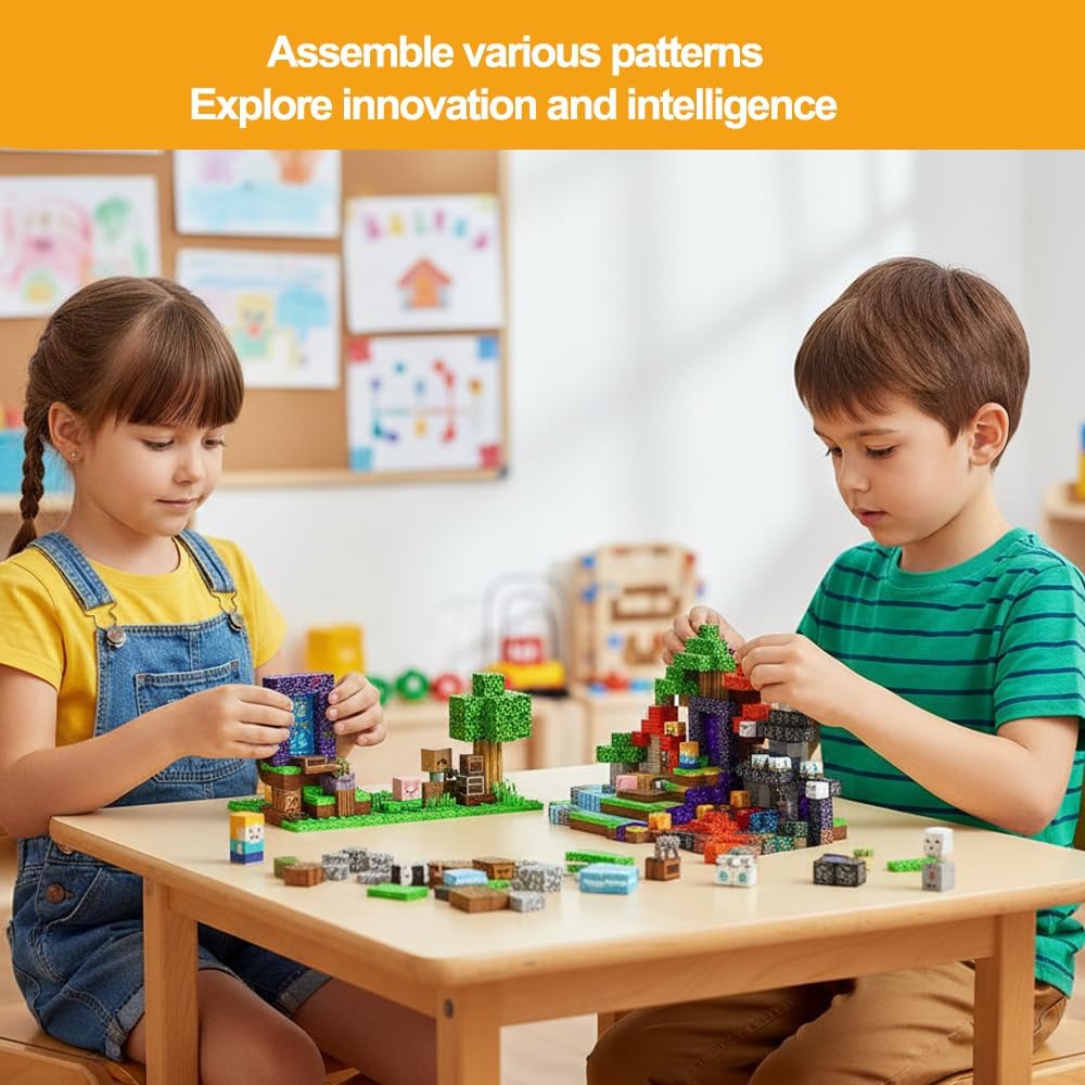 Magnetic Building Blocks Set, 200 Pieces Pixel Style Construction Toys with Character Blocks, 0.8 Inch Cubes for Ages 3+, Non-Toxic Educational STEM Toys