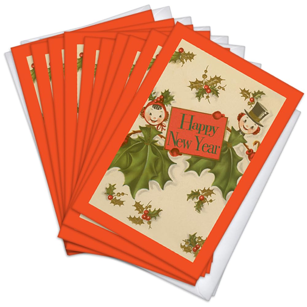 Wright Home & Gift Holly People Happy New Year Greeting Cards | 10 Pack Bulk Set + 10 Envelopes (4x6)