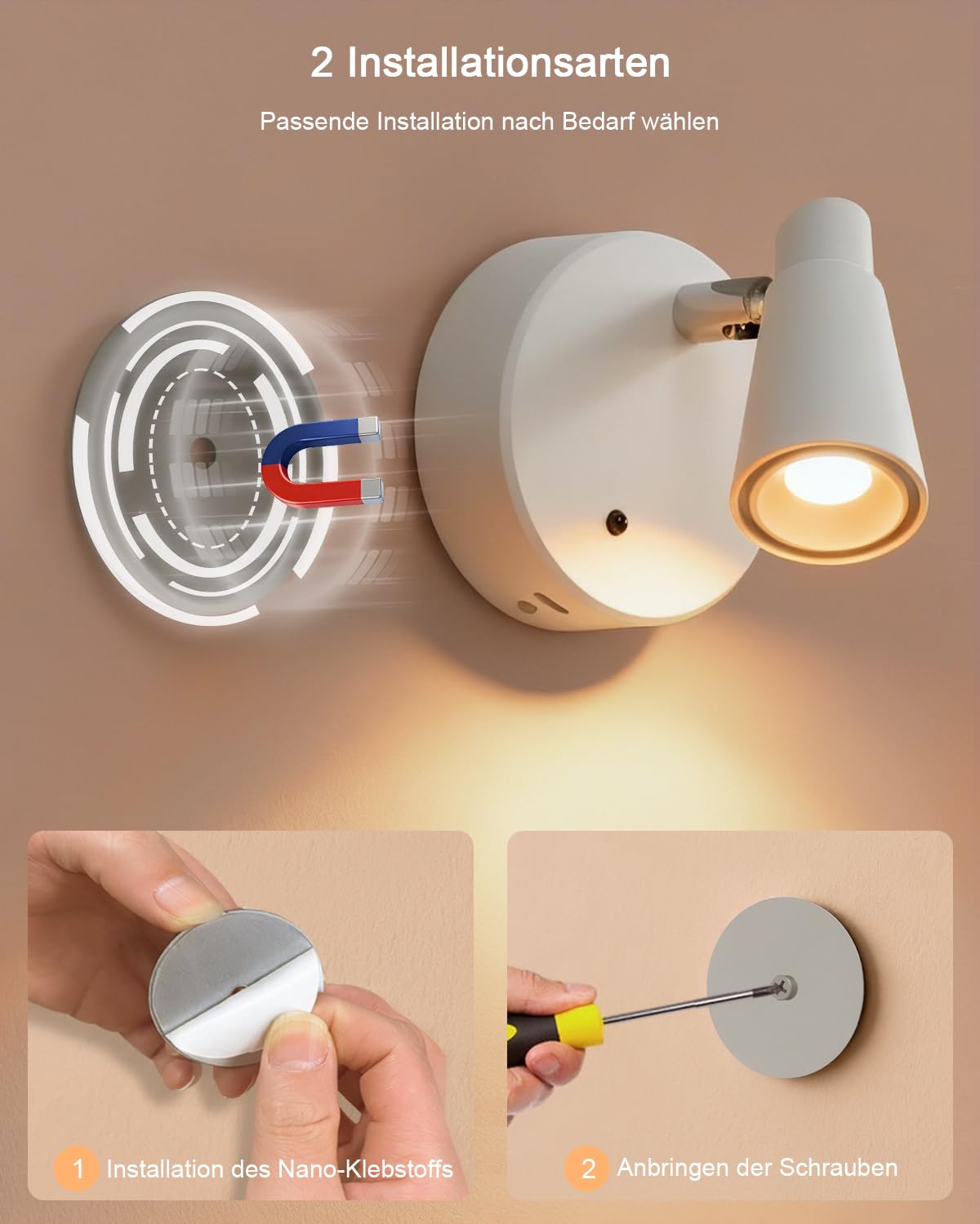 Spotlight LED Akku Aufladbar Kabellose Innen mit 5000mAh, Wandspot mit 350° Drehbare,2Pack Aufladbare Wandleuchte Innen mit 3 Farben Dimmbar Touch Fernbedienung für Bilderbeleuchtung