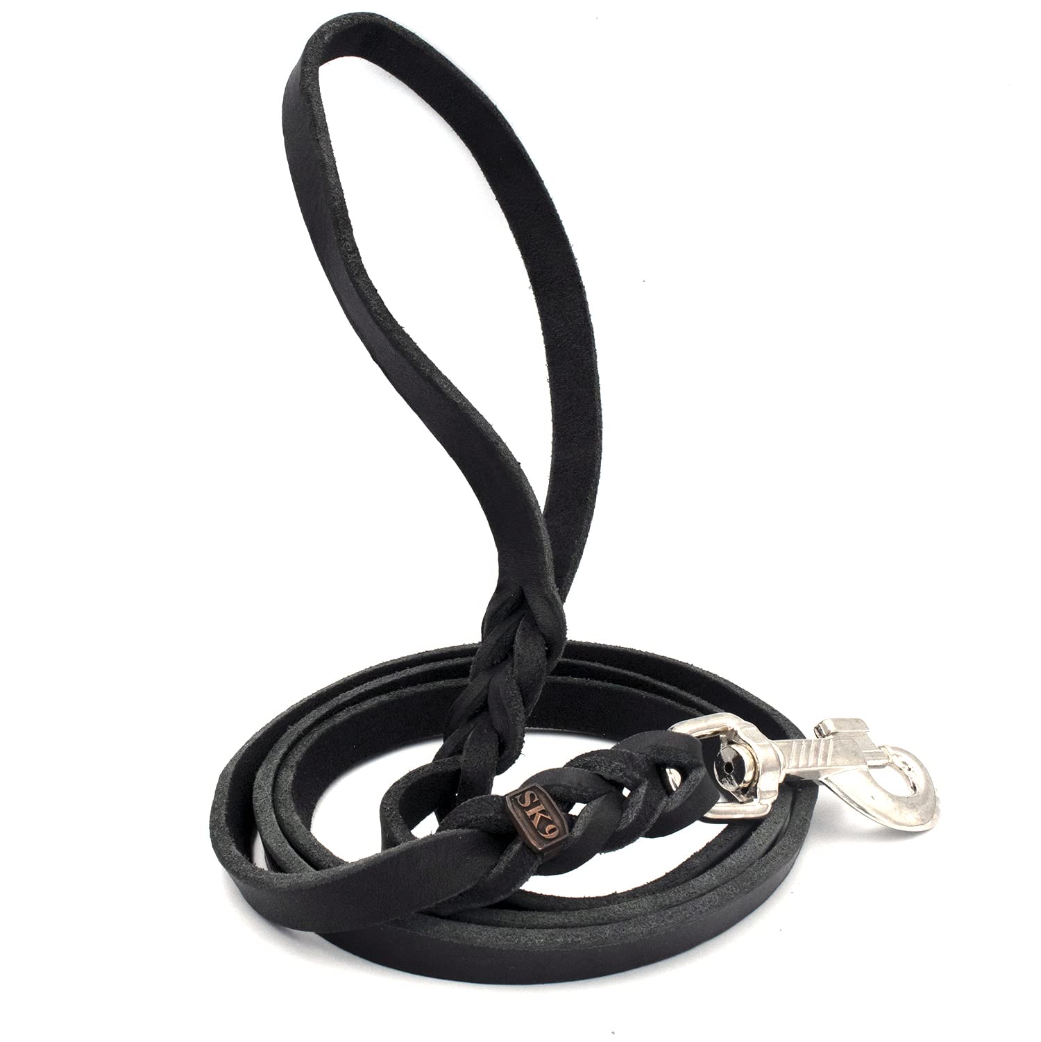SK9 Correa Perro Grande Cuero Genuino Trenzado y Mosquetón Acero Cromado (15 mm X 220 cm, Negro)