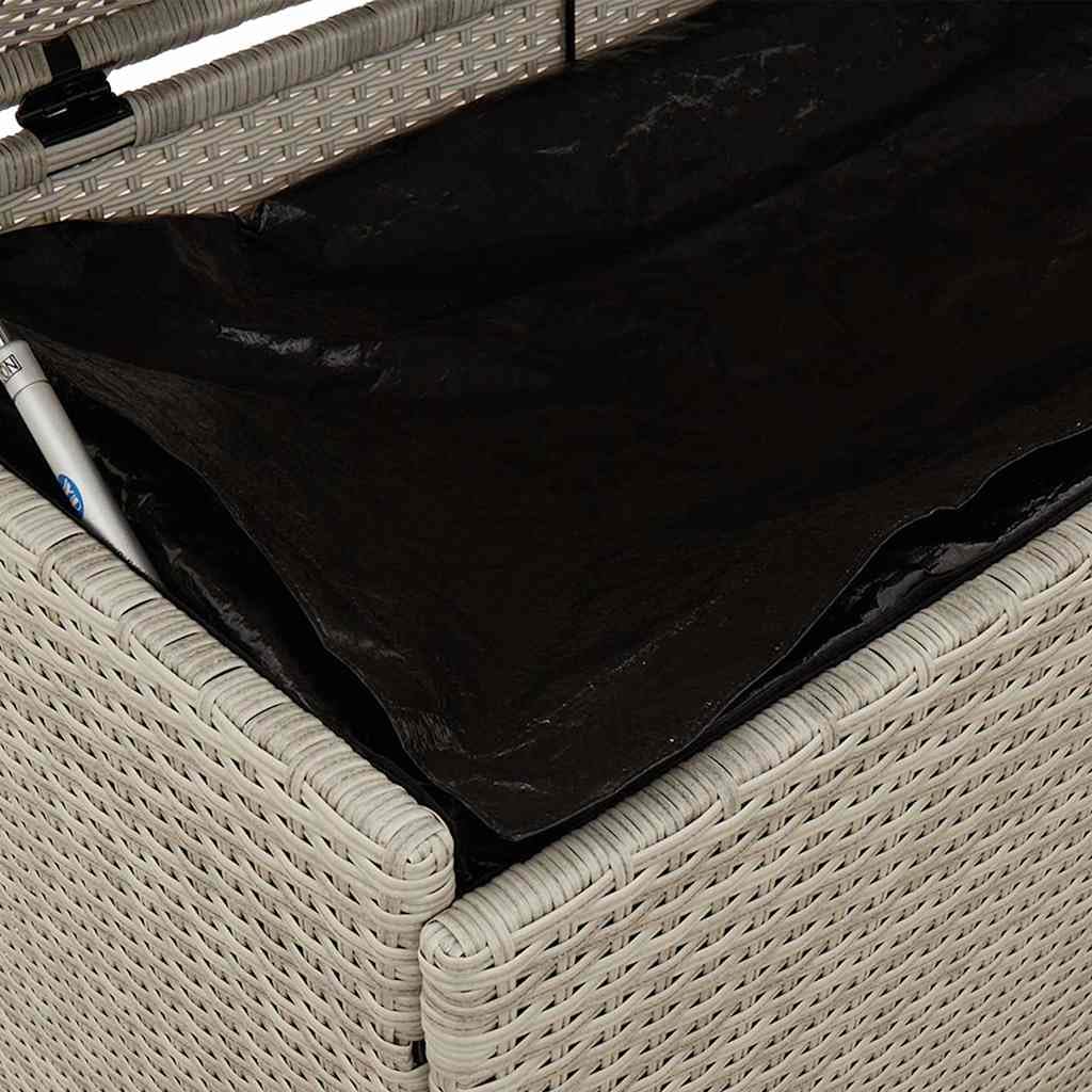 Caja de almacenamiento de resina trenzada gris claro con ruedas y frenos, caja de almacenamiento para cojines exteriores, marco de acero recubierto de polvo, tapa de resorte de gas, bolsa