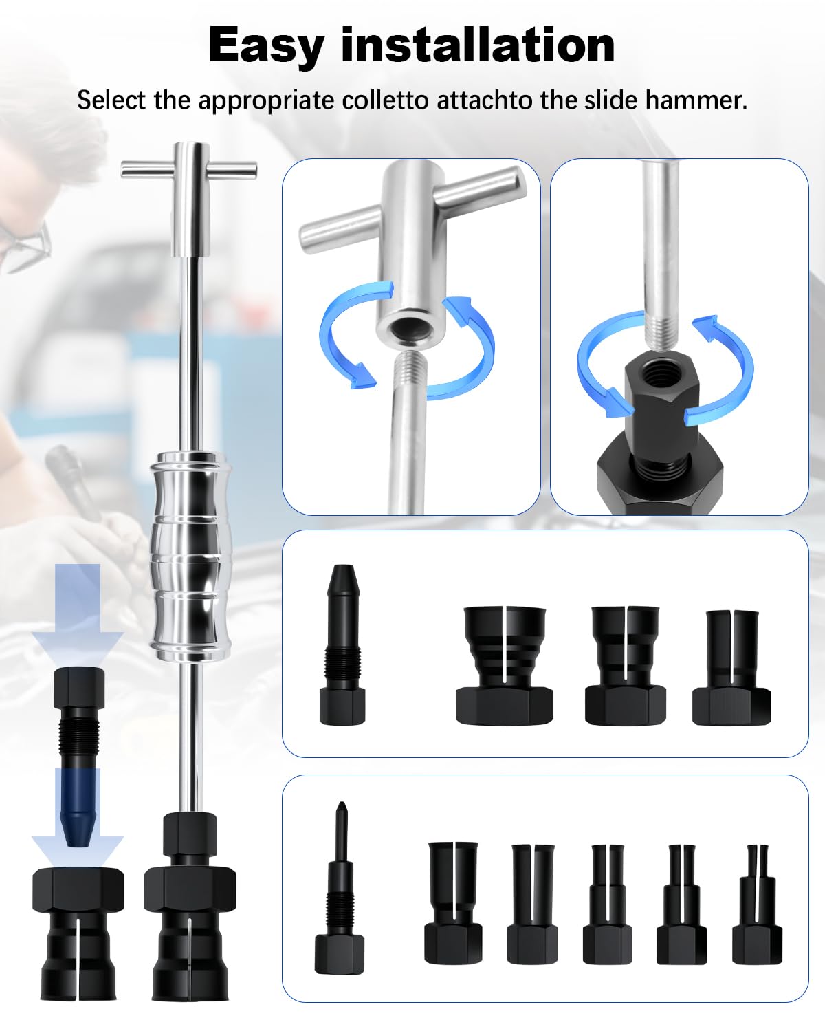 Set di estrattori per cuscinetti interni, 12 pezzi, con martello scorrevole e pinze regolabili (8-32 mm), per auto, moto e mozzi bici