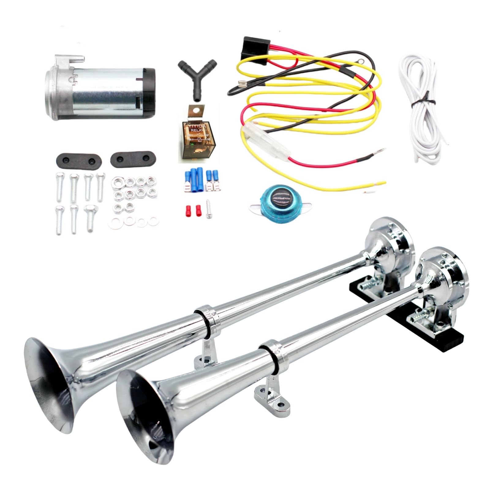 Lufthupe LKW Horn Autohupe Lautsprecher 12V Chrom Zink Elektrisches Horn Car Air Horn Trompete Silber High und Low Ton Doppelrohr mit Luftpumpe Car Horn für 12V Auto LKW Moto Yacht etc