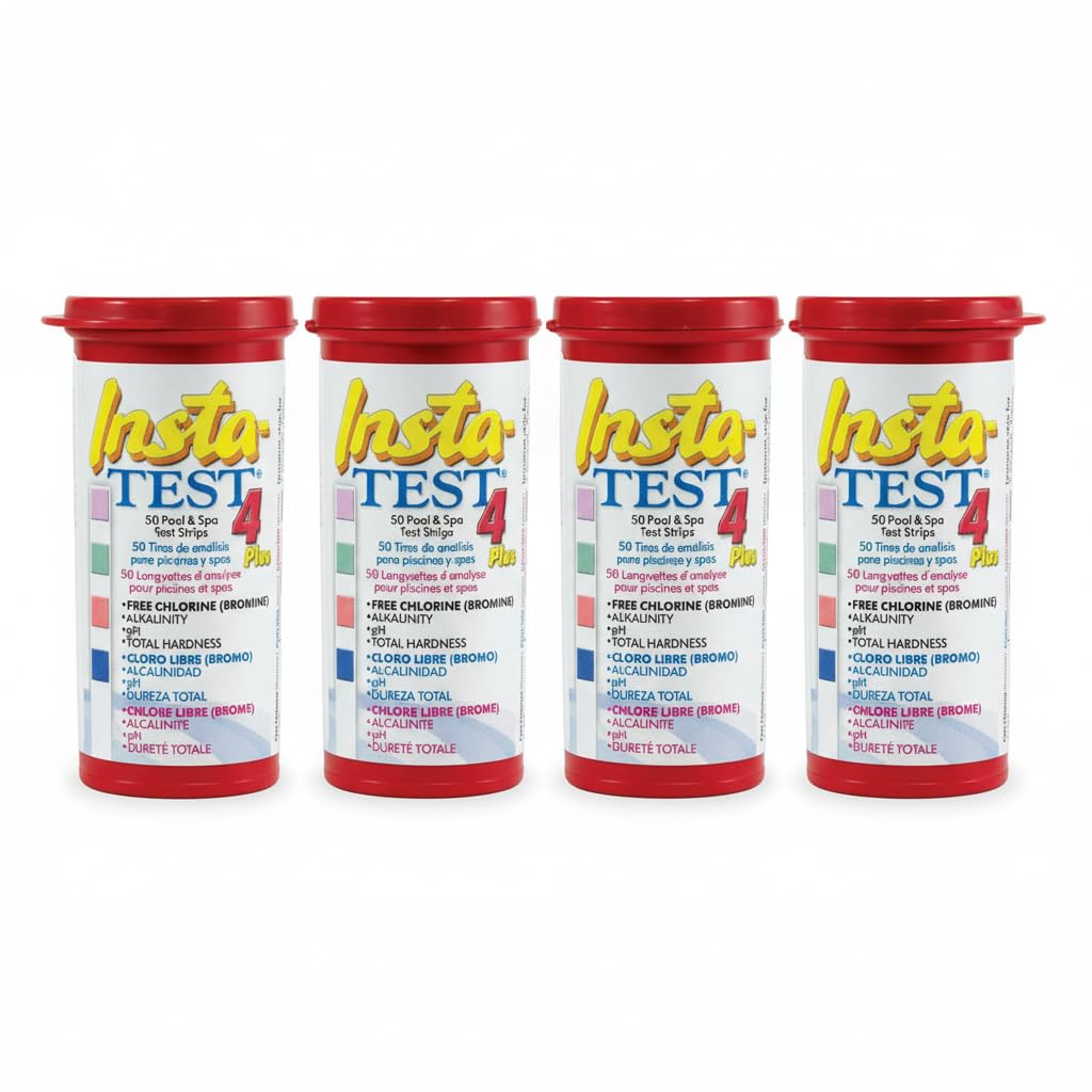 4-Way Insta Test Strips Plus for Swimming Pool & Hot Tub Spa - Free Chlorine, Bromine, Alkalinity, pH, Total Hardness 4 x 50