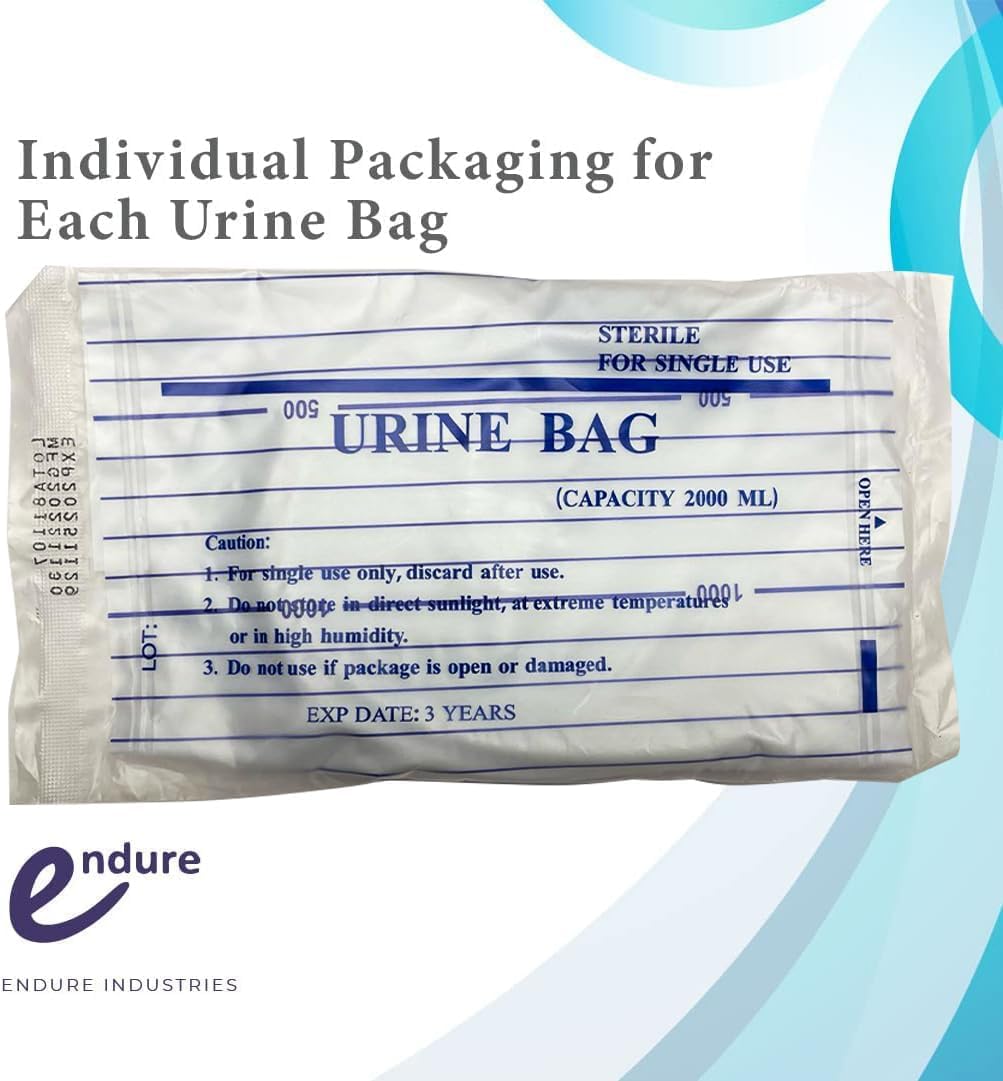 Endure - Bolsa de orina estéril desechable para adultos, 2000 ml, paquete de 10 bolsas unisex de drenaje médico de emergencia con válvula antirreflujo