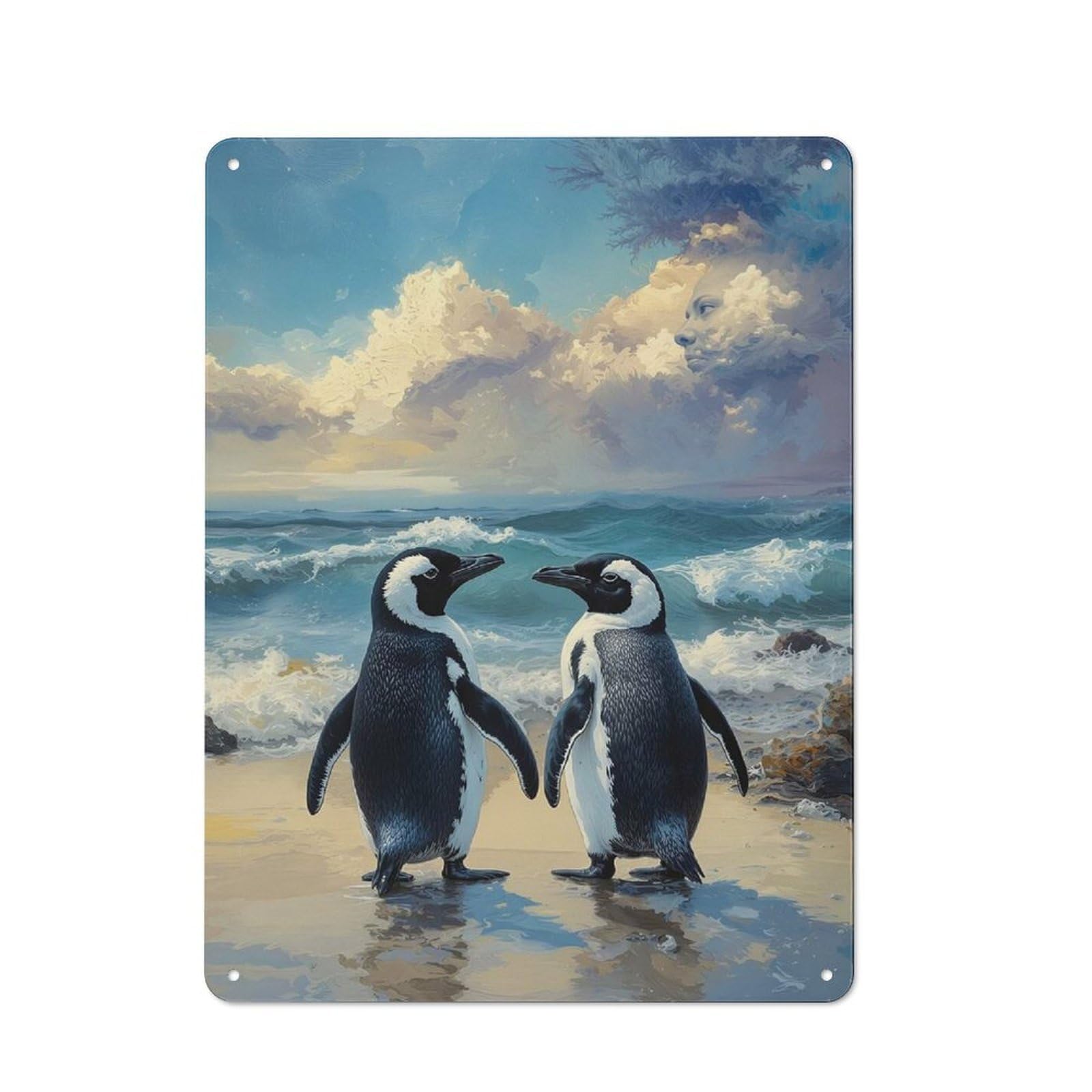 Junmoney Two Penguins On A Beach Painting Tin Wall Plaque 40X30cm With For Garage Or Workshop, For An Autumn Wall Display In Garage And Workshop