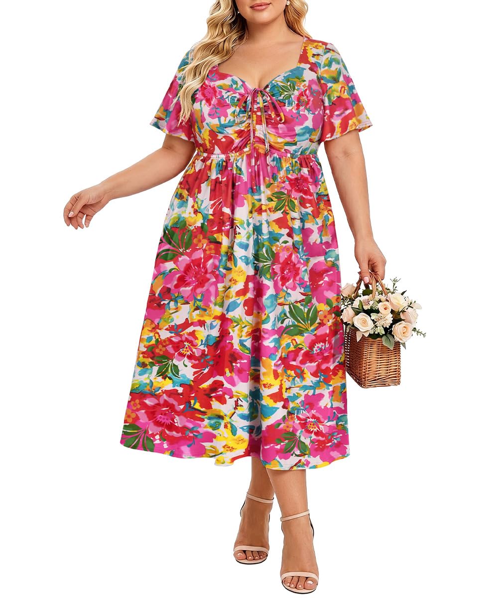 CARCOS Plus Size Dresses for Curvy Women Tie Sweetheart Neck Summer Maxi Dress Short Sleeve Empire Waist Floral Boho Dress