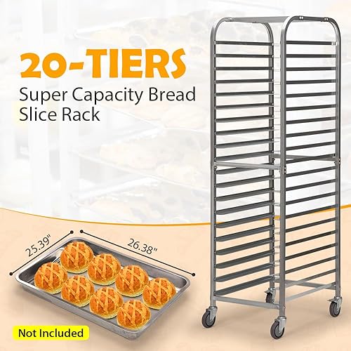 Miniatura 2 de SANDINRAYLI Estante para panadería, estante para panadería de 20 niveles con ruedas, estante de acero inoxidable para media y hoja completa, estante