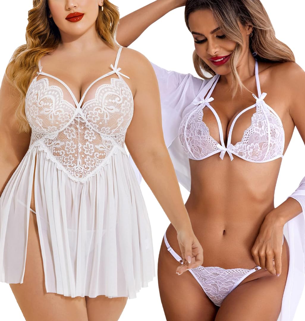 xivir Women Lingerie Satin Lace Chemise Nightgown Sexy Sleepwear Sling Dress Sexy Babydoll Lingerie Honeymoon/Anniversary Bridal Nightdress (Free Size, White)-picture-11