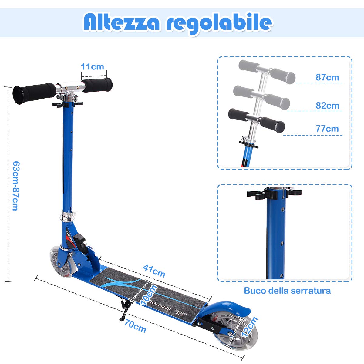 GOPLUS Monopattino Pieghevole, 3 Altezze Regolabili, per Bambini 4-13 Anni, 2 Ruote Luminose, Freno a Pedale, in Alluminio, Portata 70 kg, 31x70x63-87cm, Blu