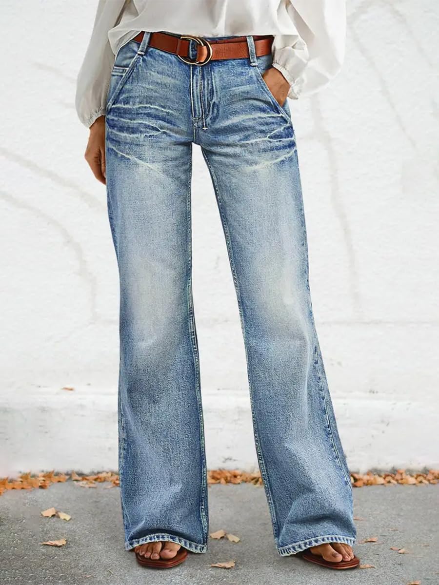 Madrirdma Wide Leg Jeans for Women Mid Waist Baggy Stitch Decor Denim Washed Pants Without Belt
