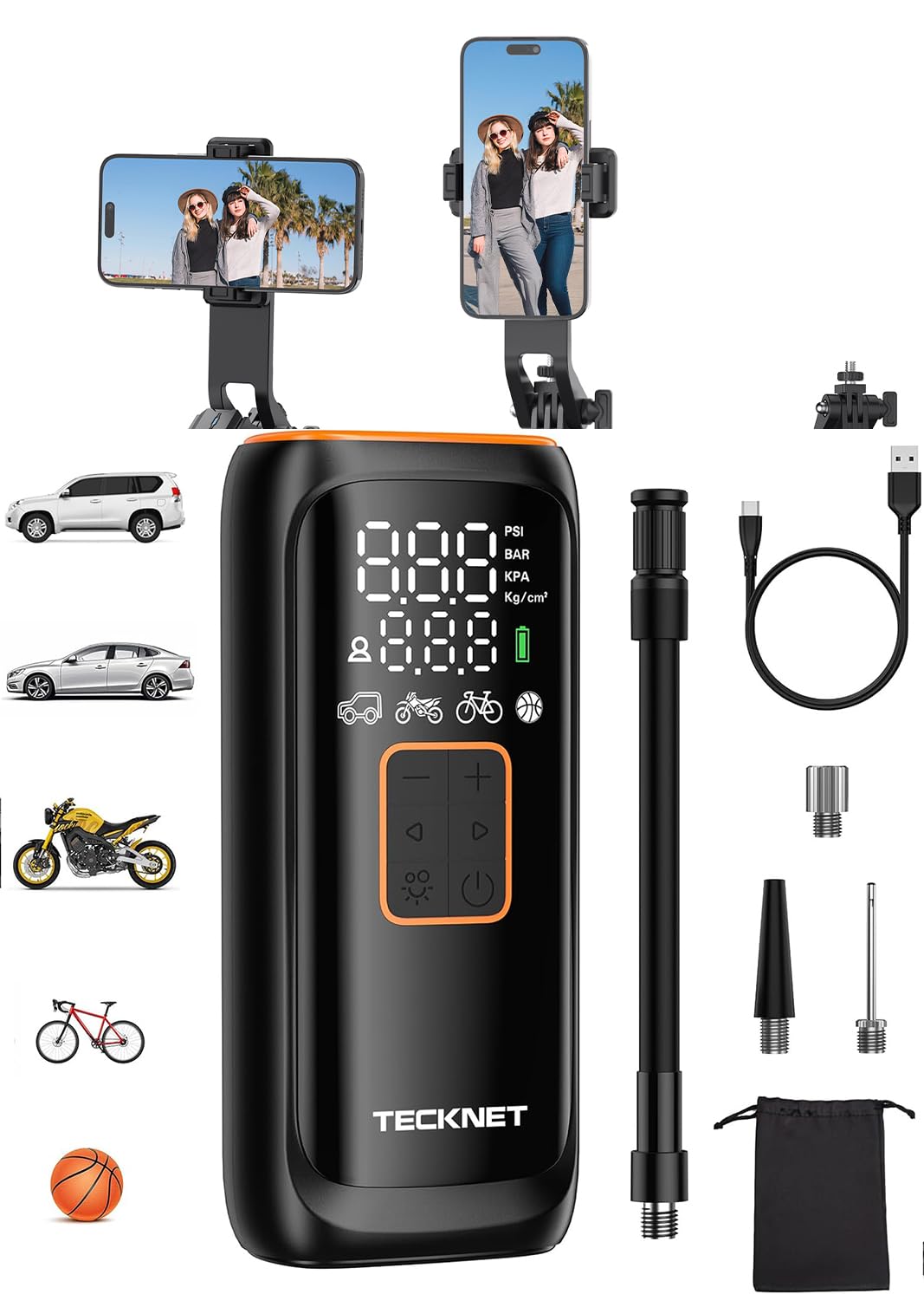 TECKNET Mini Compresor Aire Portátil, 150 PSI Inflador Ruedas Coche, Compresor Recargable 6000 mAh, Puede Utilizar y Linterna, 5 Modos, Adecuado para Coches, Bicicletas, etc.