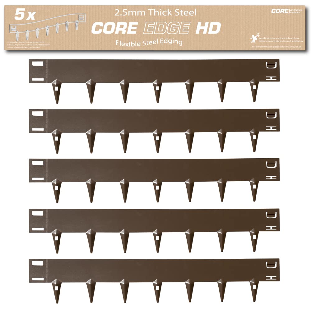 Core Edge Heavy Duty Lawn Edging 150mm | 115mm Spike | 2.5mm Thickness | Flexible Decorative Steel Garden Lawn Edging | 5x 1m, 5 Linear Metres (Brown)