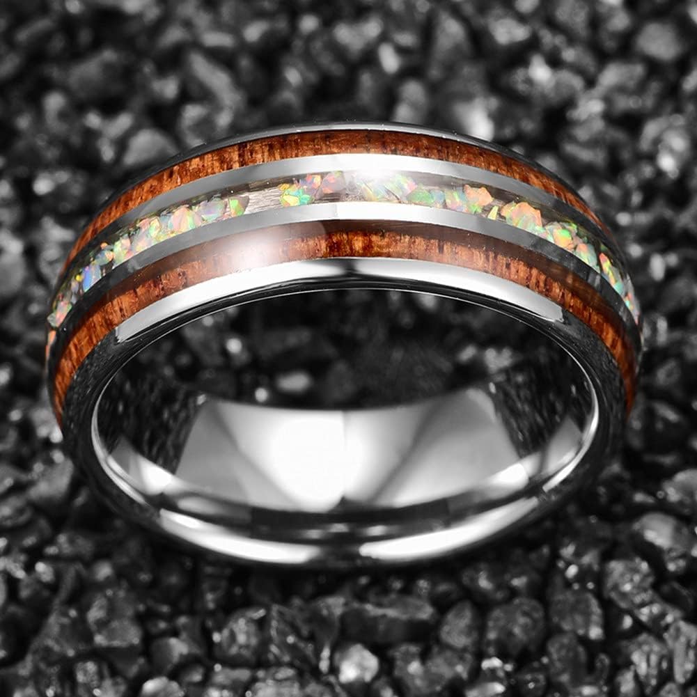 NUNCAD 8mm Hawaiian Koa Wood Tungsten Rings Domed Abalone Shell Center Wedding Bands for Men Women Comfort Fit Size 6-13