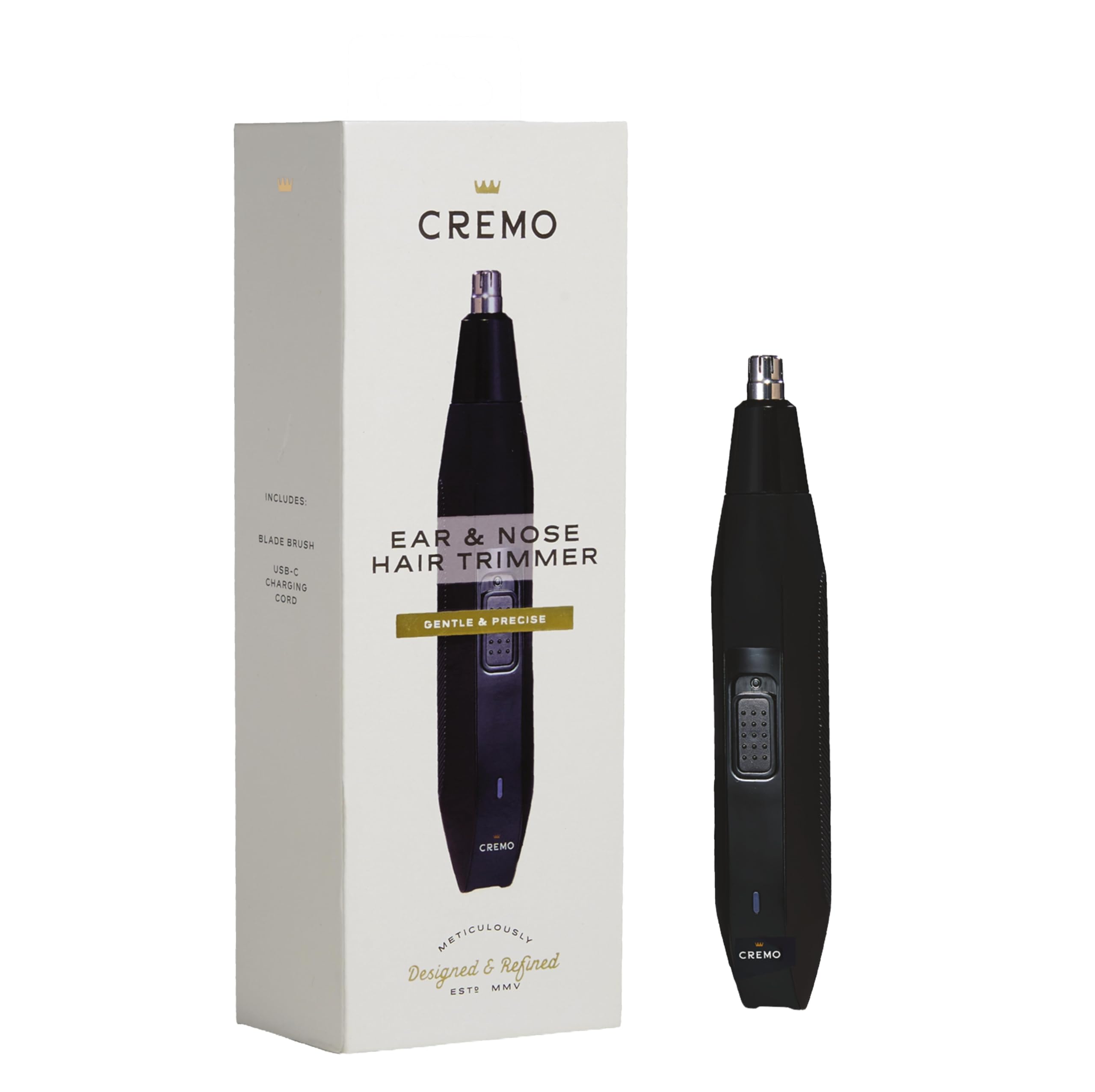 Cremo Nose and Ear Hair Trimmer for Men - Painless Rotary Stainless Steel Blades, No Tug or Pull, Nose Hair Trimmer with Ear and Eyebrow Detailer, IPX7 Waterproof, Rinse Clean, USB-C Rechargeable