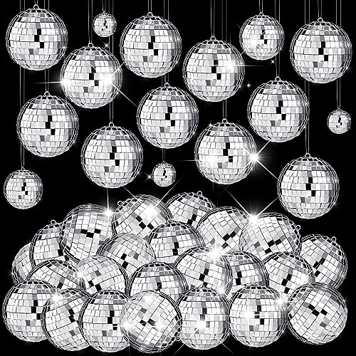 Image of MTLEE 20 Pcs Disco Balls Decoration Mirror Disco Ball Assorted Silver Mini Glass Different Sizes Reflective with Rope for 70s Wedding Dance Music(4 Inch)