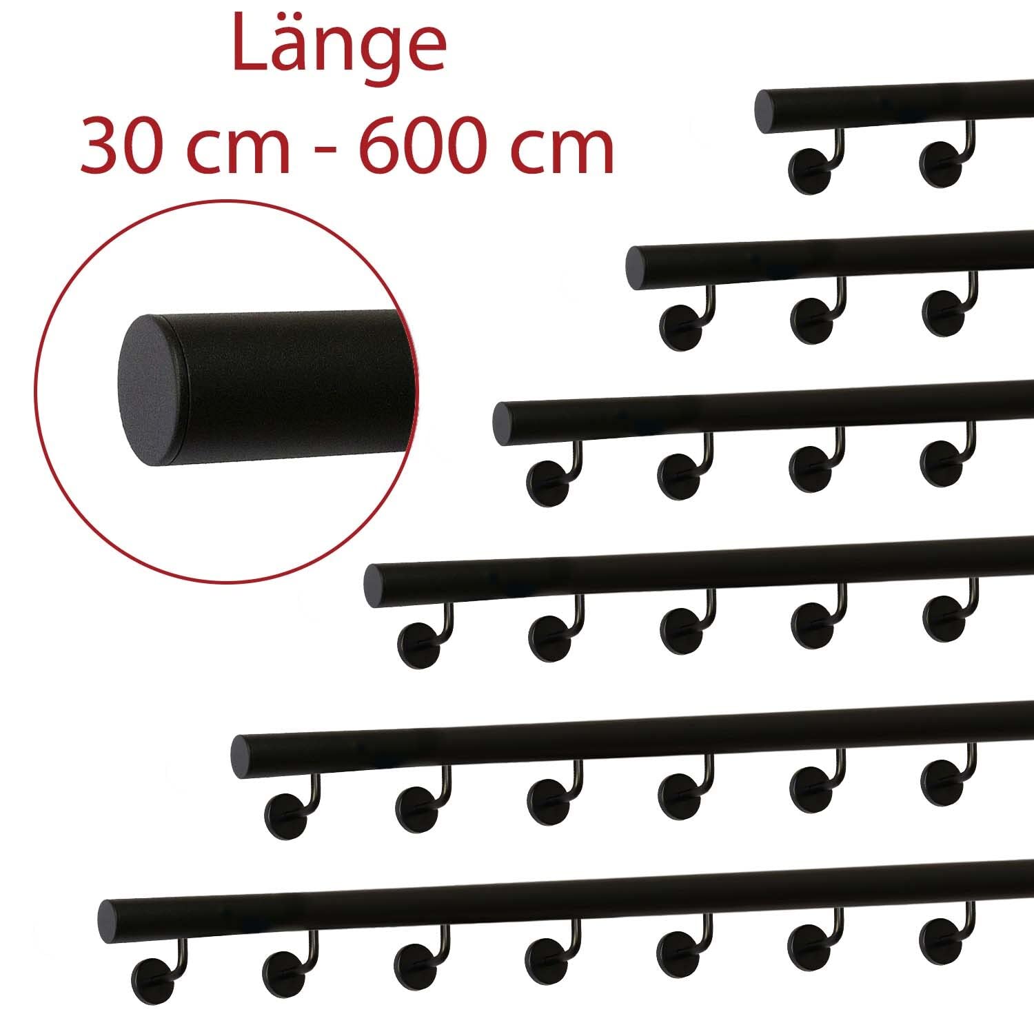 TIBU Handlauf Schwarz pulverbeschichtet V2A Edelstahl Geländer innen außen wetterfest beständig 360 cm mit 4 Halter und gerade Kappe