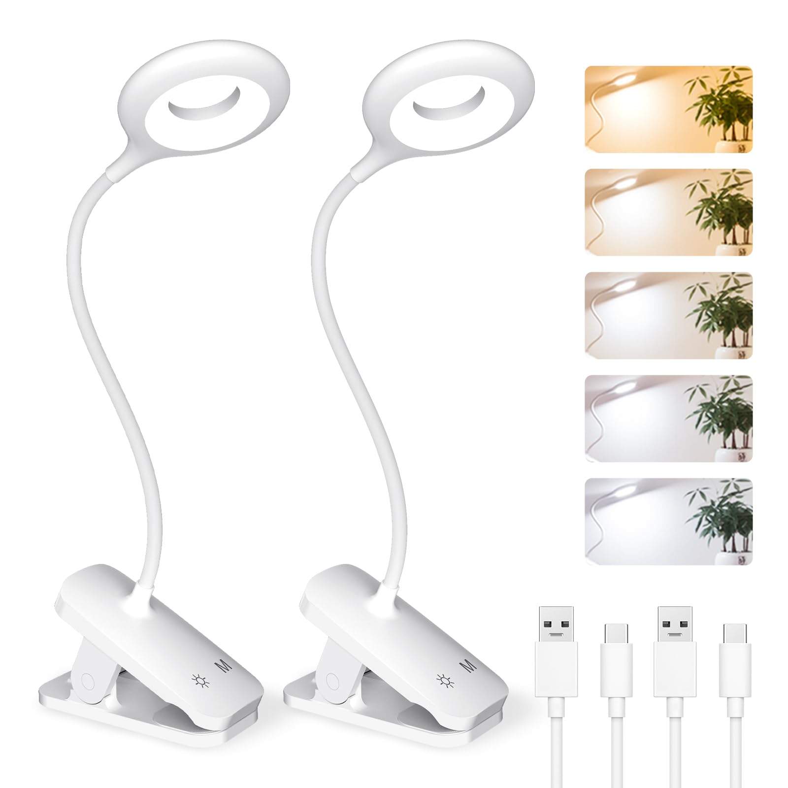 CUHIOY 2Pack Clip on Reading Light for Bed, Rechargeable Battery, 5 Color 5 Brightness & Touch Control Headboard Lamp, Large Clamp Desk Lights with Flexible Neck, Eye Protect, for Dorm Bedside, White