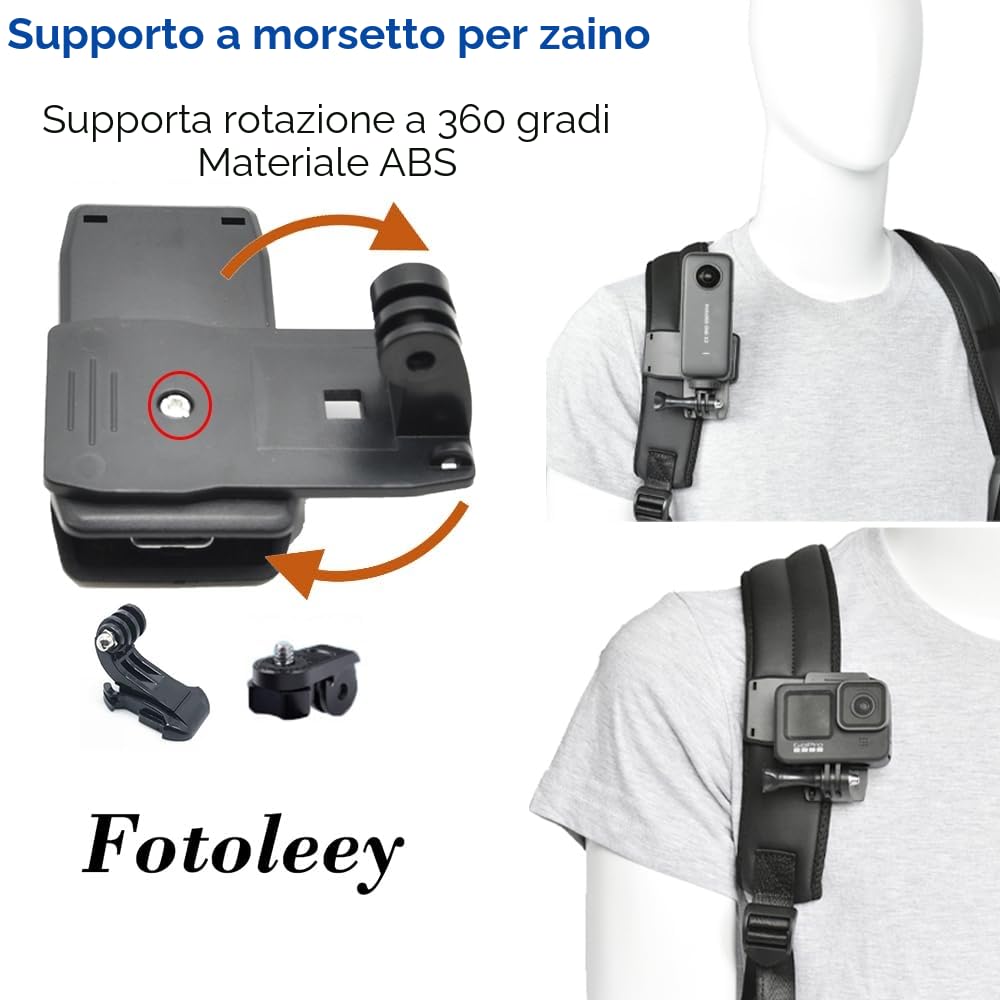 Kit di accessori per insta360 X5/X4/X3/X2, Ace Pro, Ace Compatibile con GoPro Hero 10, Hero 9/8/7/6, Include Clip per Zaino, Fascia Toracica, Fascia,Testa, Cainturino