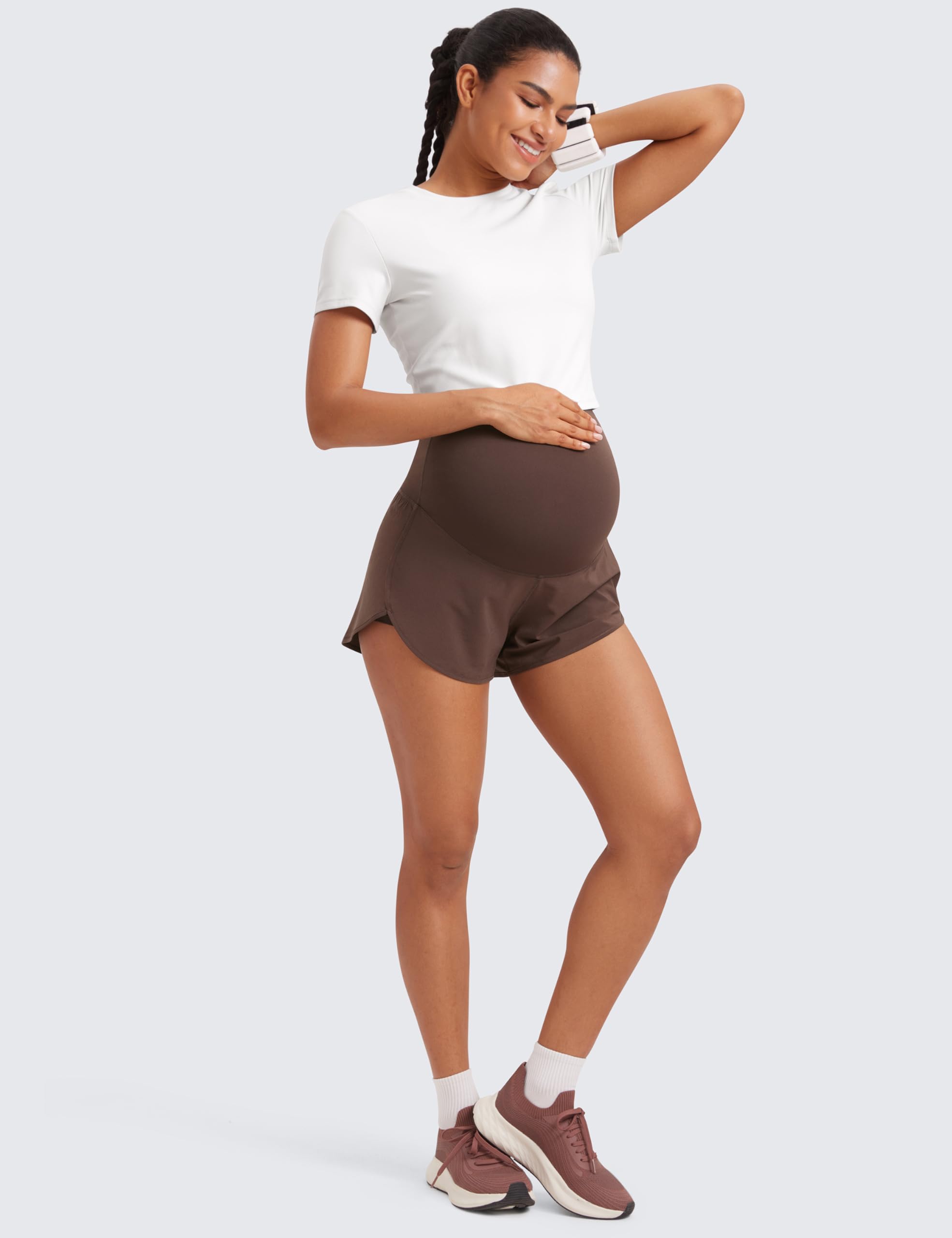 CRZ YOGA Donne 2 in 1 maternità Allenamento Pantaloncini Oltre Pancia Dividere Tasche 7.6 cm