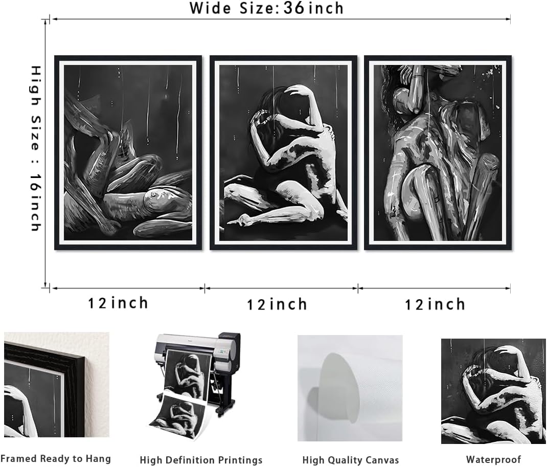 Sexy Lovers Framed Canvas Print Wall Art Man and Woman Painting Wall Decor Abstract Body Curve Line Posters Black White Artwork for Bedroom Bathroom Bar Ready to Hang 12x16inchx3Pcs BLACK