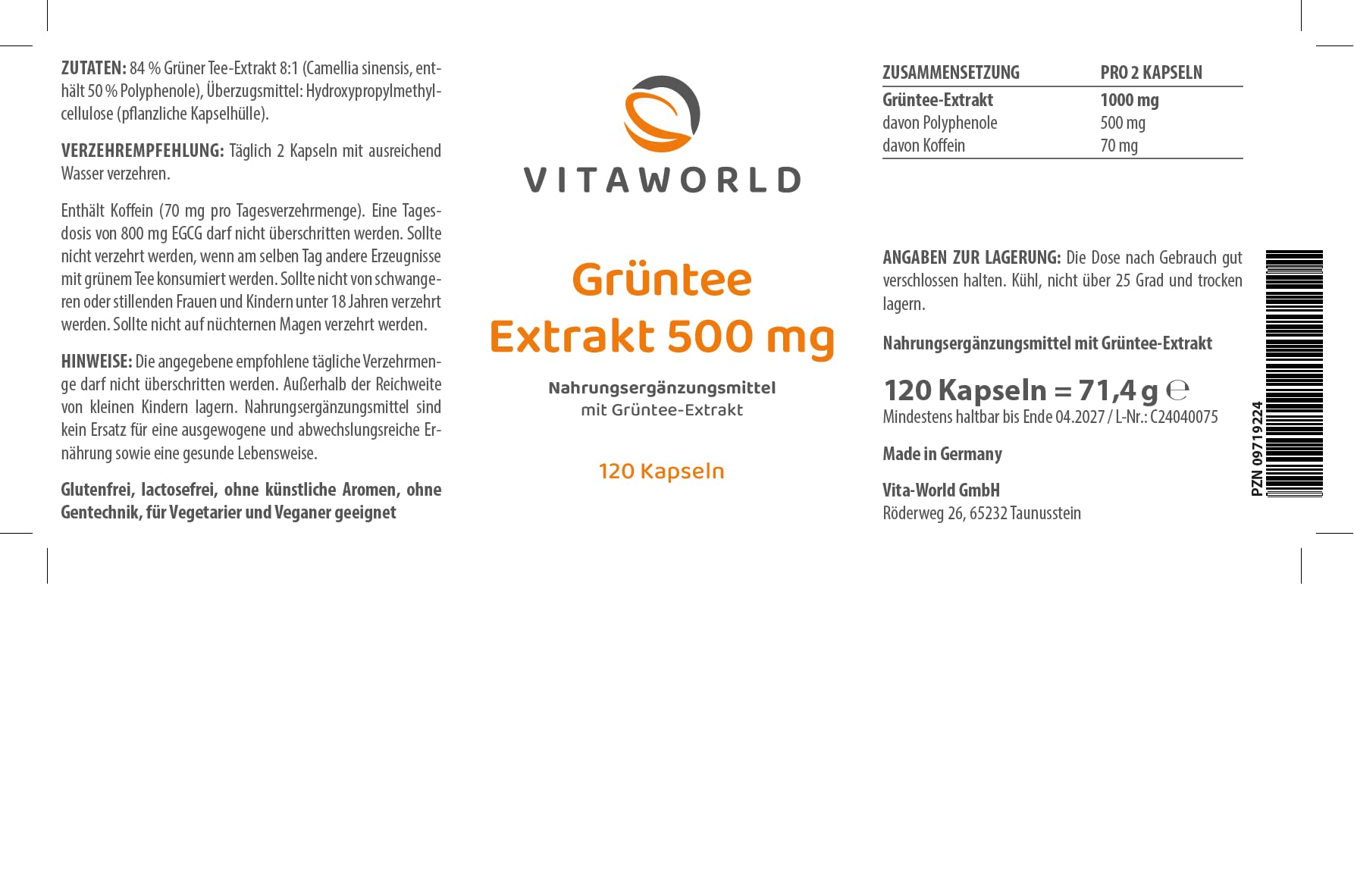 3er Pack Vita World Grüntee Extrakt 500mg 360 Kapseln Grüner Tee Deutsche Apotheker-Herstellung First Flush hochwertige Ernte 7% Coffein - Vegan