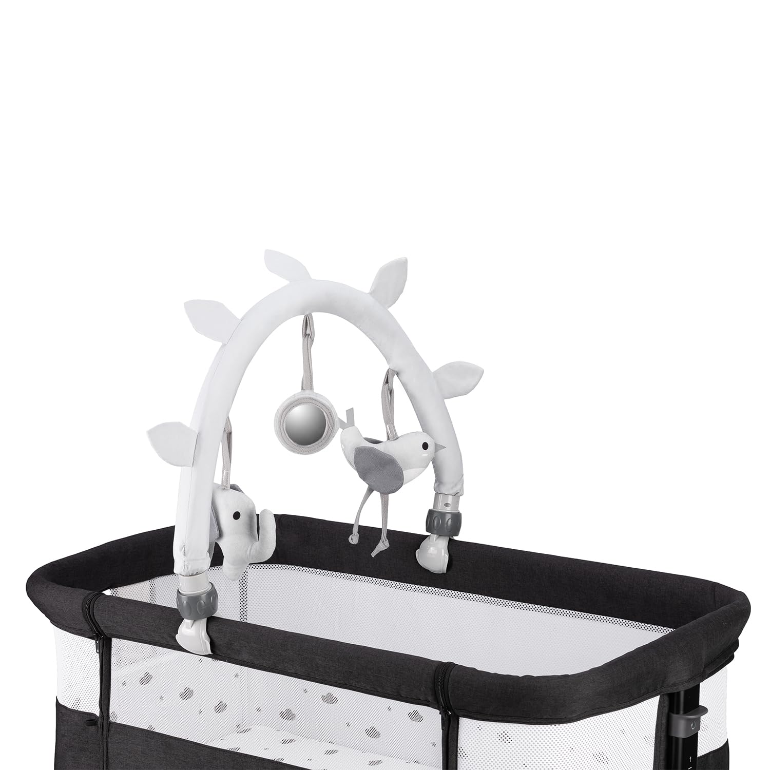 Momi REVO Lettino multifunzionale, con regolazione dell'altezza su 6 livelli da 72 a 82 cm, con rotelle, materassino incluso, cinghie di fissaggio, zanzariera e barra giochi