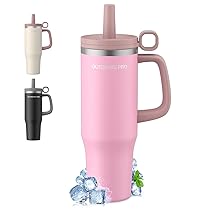1200ml Tazza Termica con Cannuccia, Borraccia con Manico, 1.2L Tazze Isolate, Tazza Termica per Auto in Acciaio Inox a Doppia Parete per Bevande Calde, Fredde per Acqua, Caffè, Rosa