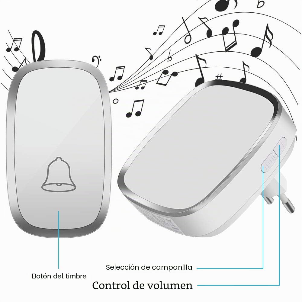 Timbre Inalámbrico Impermeable Timbres para Puerta, Receptor y 1 Transmisor, 4 Volumen Ajustable, 36 Melodías Ajutables, Alcance a 300m, Timbre de Puerta para Interior y exterio (Blanco)