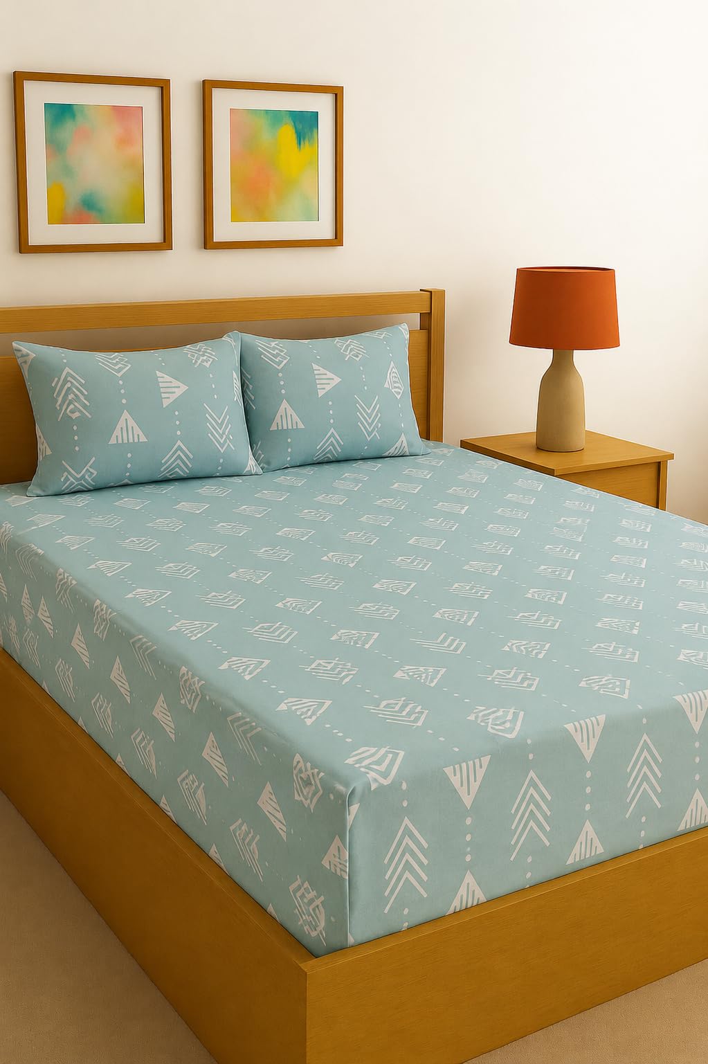 100% Cotton 600 TC Fitted Bedsheet with 2 Pillow Covers | Up to 10 Inch Deep Pocket | Elastic All Around | Soft & Breathable | Sky Blue Geometric Print Solid | Double Size (4 x 6 Ft | 48 x 75 Inches)-picture-25