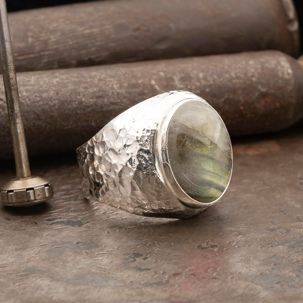 Natural Aventurine Crystal Ring Men's Hammered Anti-Tarnish 925 Sterling Silver Oval Solitaire Gemstone Dainty Statement Healing Crystal Gemini Luck Handmade Turkish Fine Jewelry