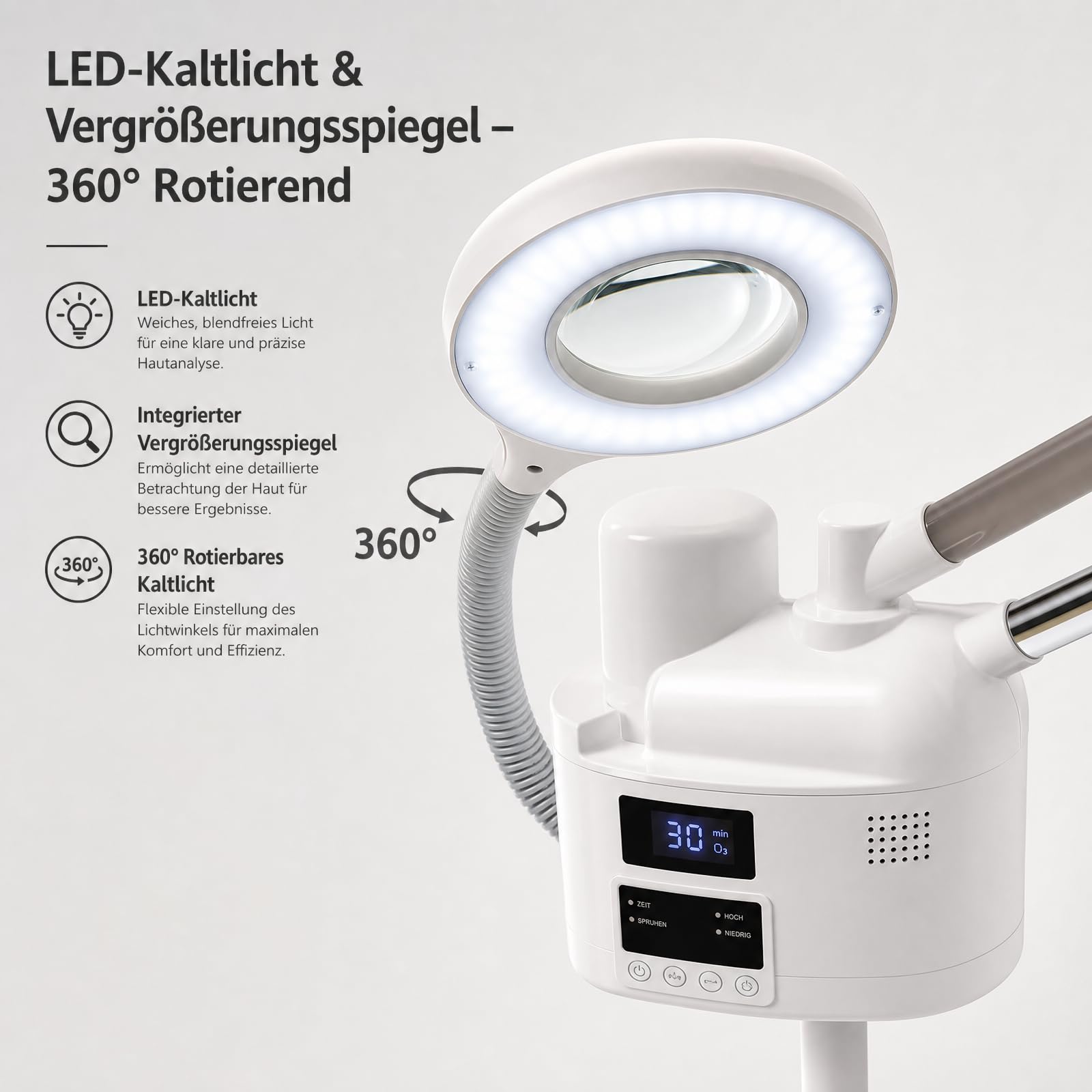 Gesichtsdampfer Ozon Kalt/Heiß Bedampfer 360° Porenreiniger Dampf Spa Maschine mit 5 LED-Licht und Vergrößerungsglas Dampfgerät Touchscreen Design Gesichtssauna Verdampfe
