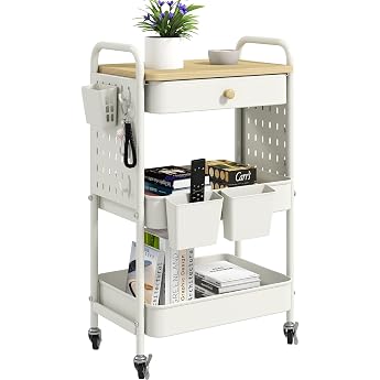 danpinera 3-Tier Rolling Cart Metal with Drawers & Pegboards Serving Trolley Craft Trolley Kitchen Trolley with Wheels for Kitchen Living Room Bathroom Hooks and Hanging Cups White