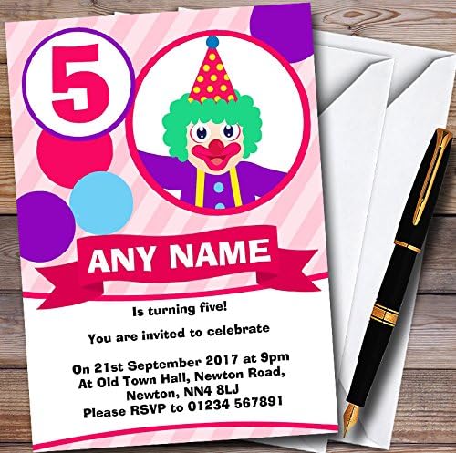 Girls Pink Clown Personalized Childrens Birthday Party Invitations