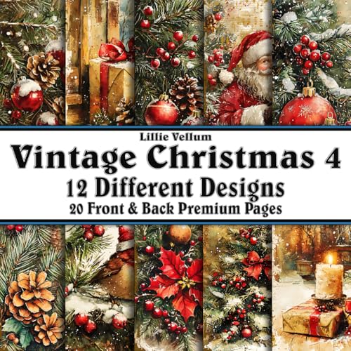 Scrapbook Paper - 20 Front and Back Premium Color Pages: Vintage Christmas 4 - Gold Antique Junk Parchment Santa Tree Gifts Children - 8.5"x8.5" image 2