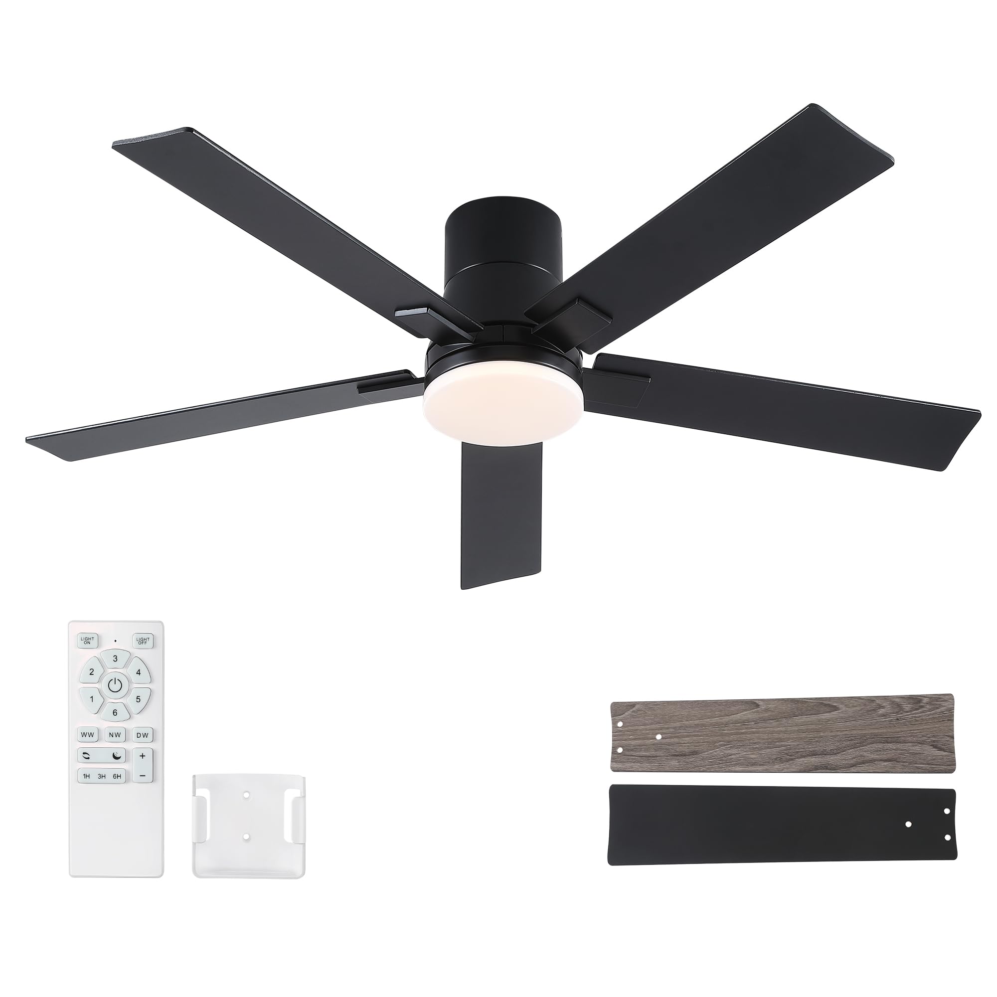 Rayqueen 52 Inch Ceiling Fans with Lights and Remote,Flush Mount Black Ceiling Fan,6 Speed Reversible DC Motor,3CCT Dimmable LED-Low Profile Design