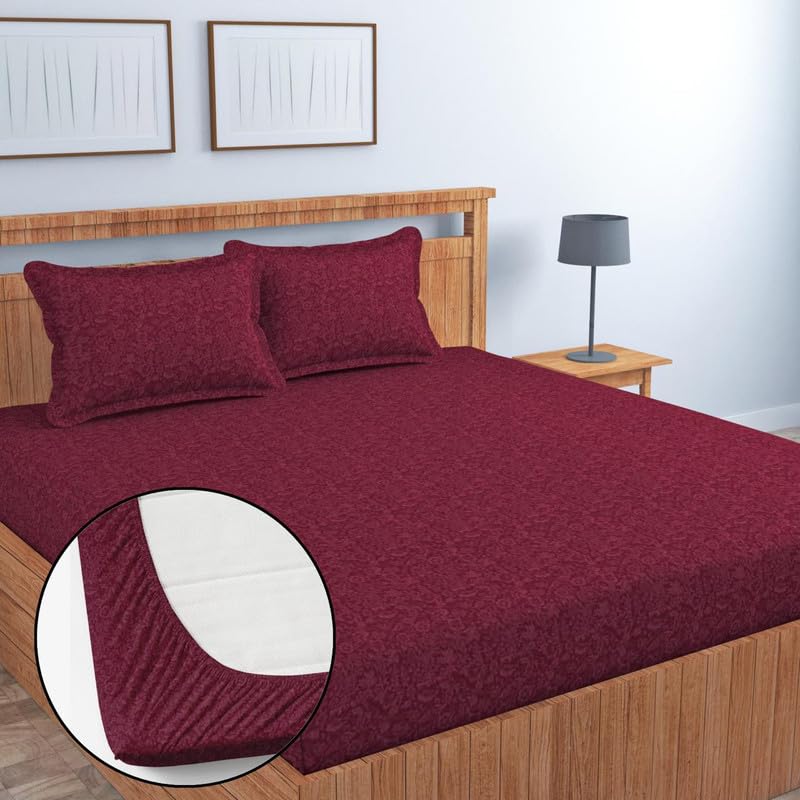 Image of Jashan Glace Cotton All Around Elastic Fitted Elegent Self Flower Print Queen Size Double Bed Bedsheet with 2 Pillow Covers Fits Upto Mattress of 10 Inches,Size - 72 x 78 x 10 Inches - Maroon