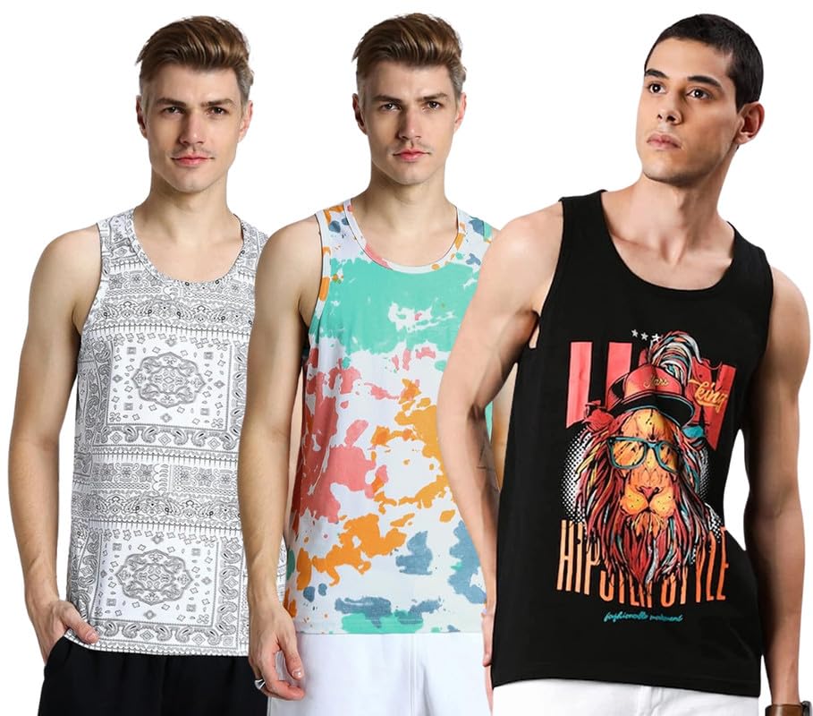 veirdo 100% Pure Cotton Scoop Neck Regular Fit Multicolor Sleeveless T-Shirt Combo for Men & Boys- (Pack of 3)-picture-10