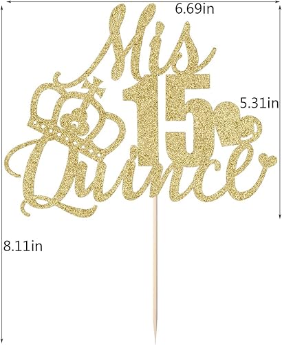 Miniatura 4 de Sleyberoy Mis Quince15th - Decoración para pastel de cumpleaños 15, saludos 15, cumpleaños 15/15 aniversario (purpurina dorada)